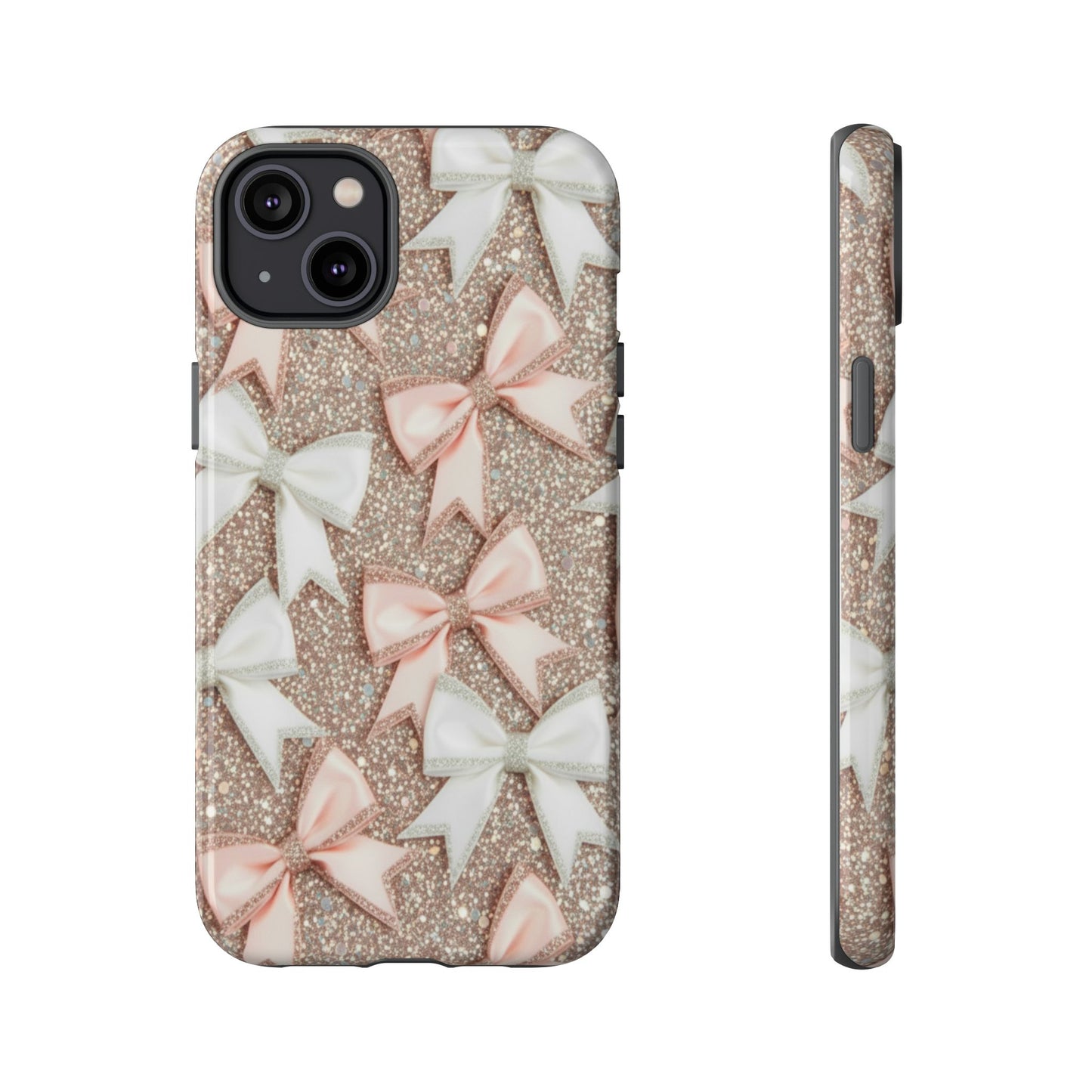 Glitter Bow Tough Phone Case — Pink & White Ribbon Protective Cover