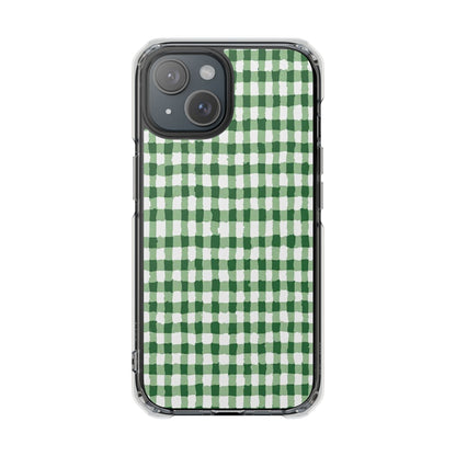 Green Gingham Clear Magnetic Phone Case — Protective Impact Cover