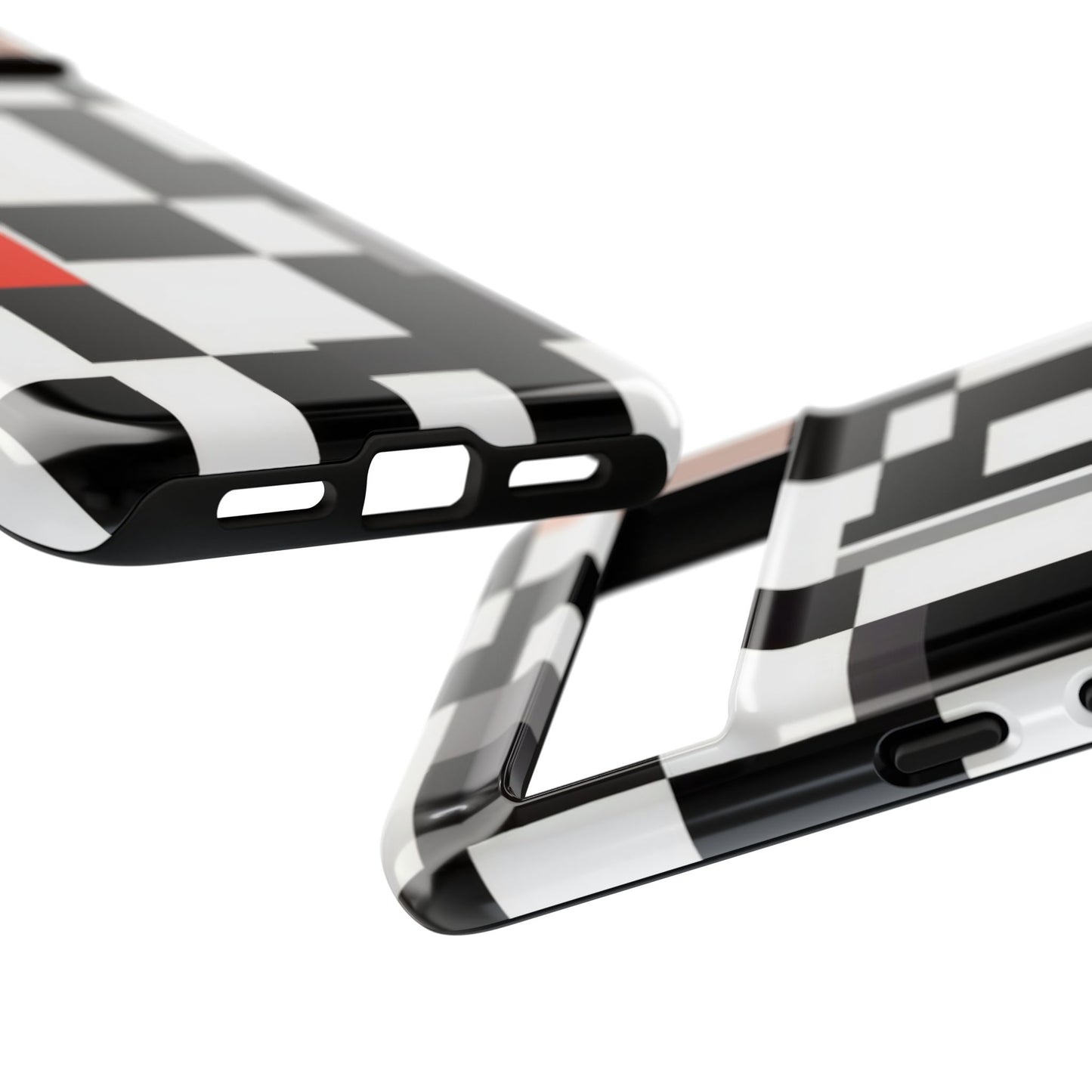 Abstract Geometric Phone Case – Black & White Checker Grid with Red Accent
