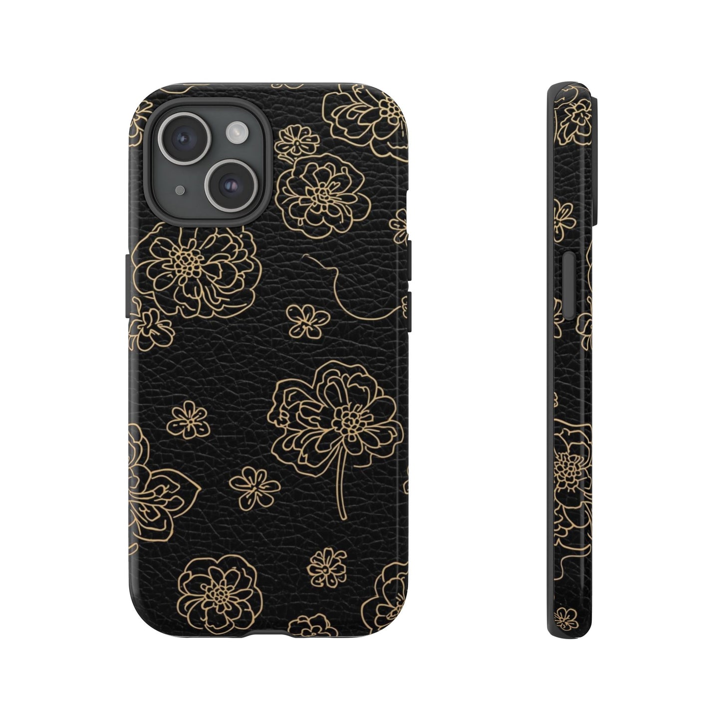 Floral Leather-Texture Tough Case – Black Gold Outline Phone Cover