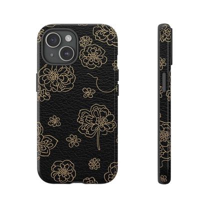 Floral Leather-Texture Tough Case – Black Gold Outline Phone Cover
