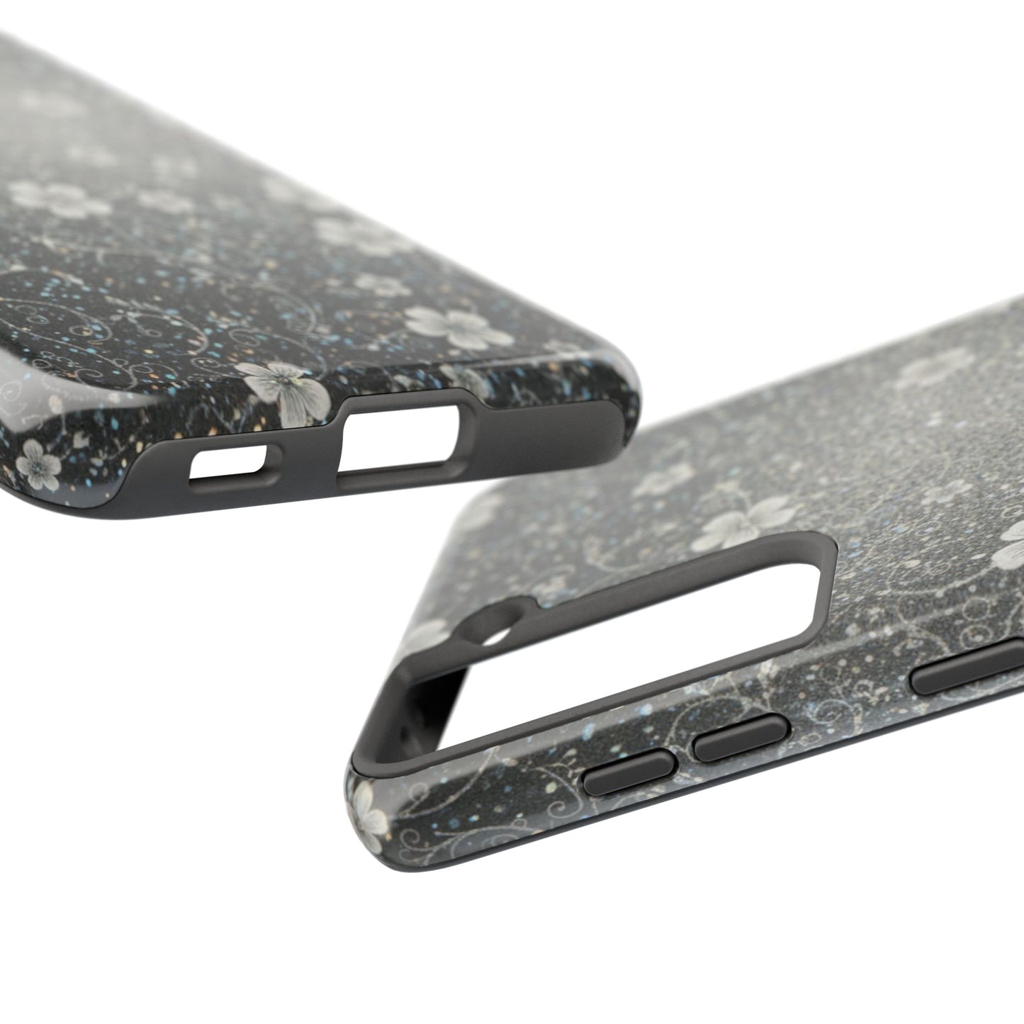 Floral Sparkle Tough Phone Case — Black & Silver Vintage Blossom