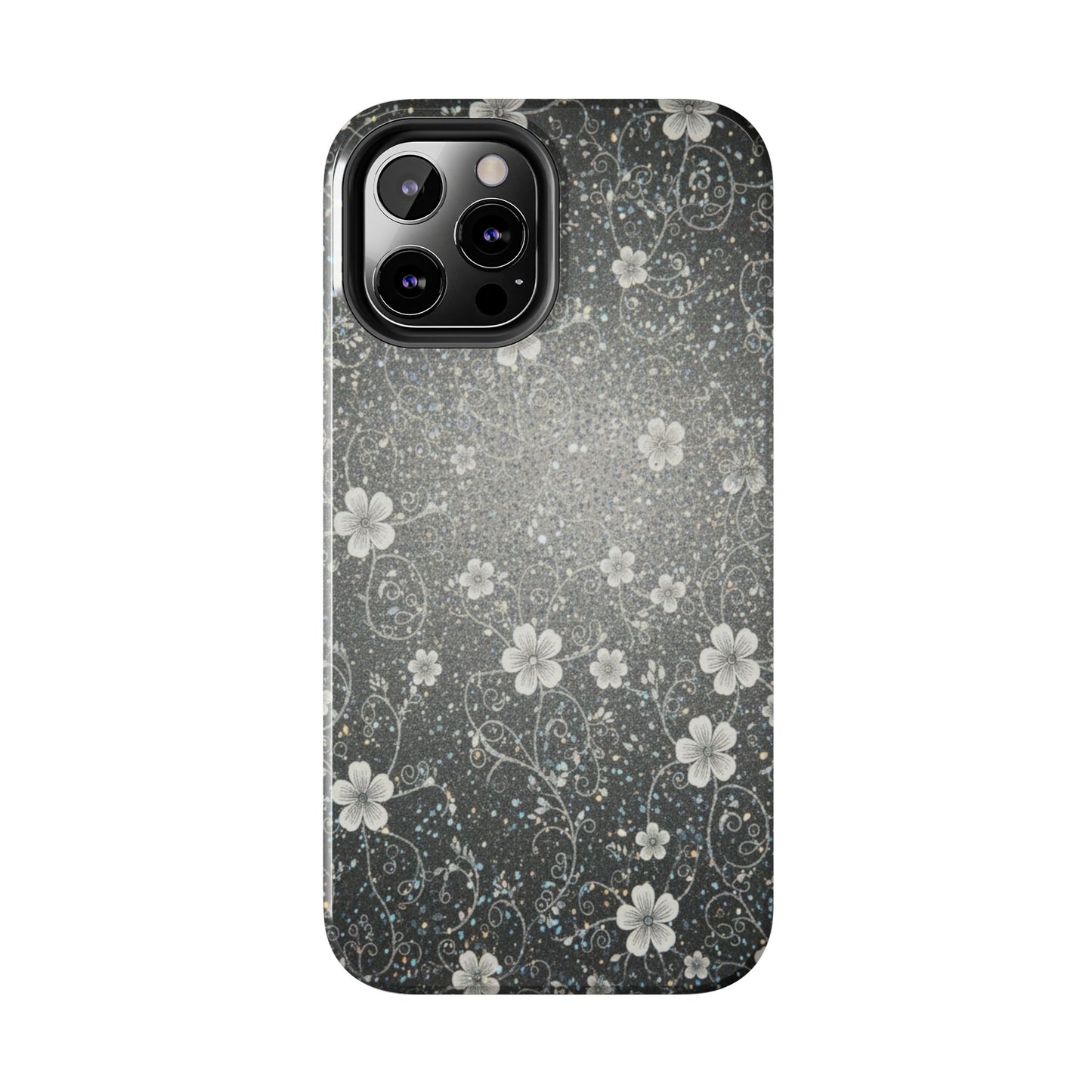 Floral Sparkle Tough Phone Case — Black & Silver Vintage Blossom