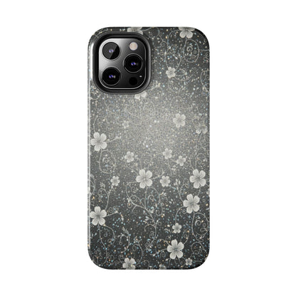 Floral Sparkle Tough Phone Case — Black & Silver Vintage Blossom