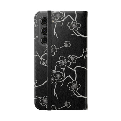 Black Cherry Blossom Flip Phone Case – Floral Wallet Flip Case with Card Slots
