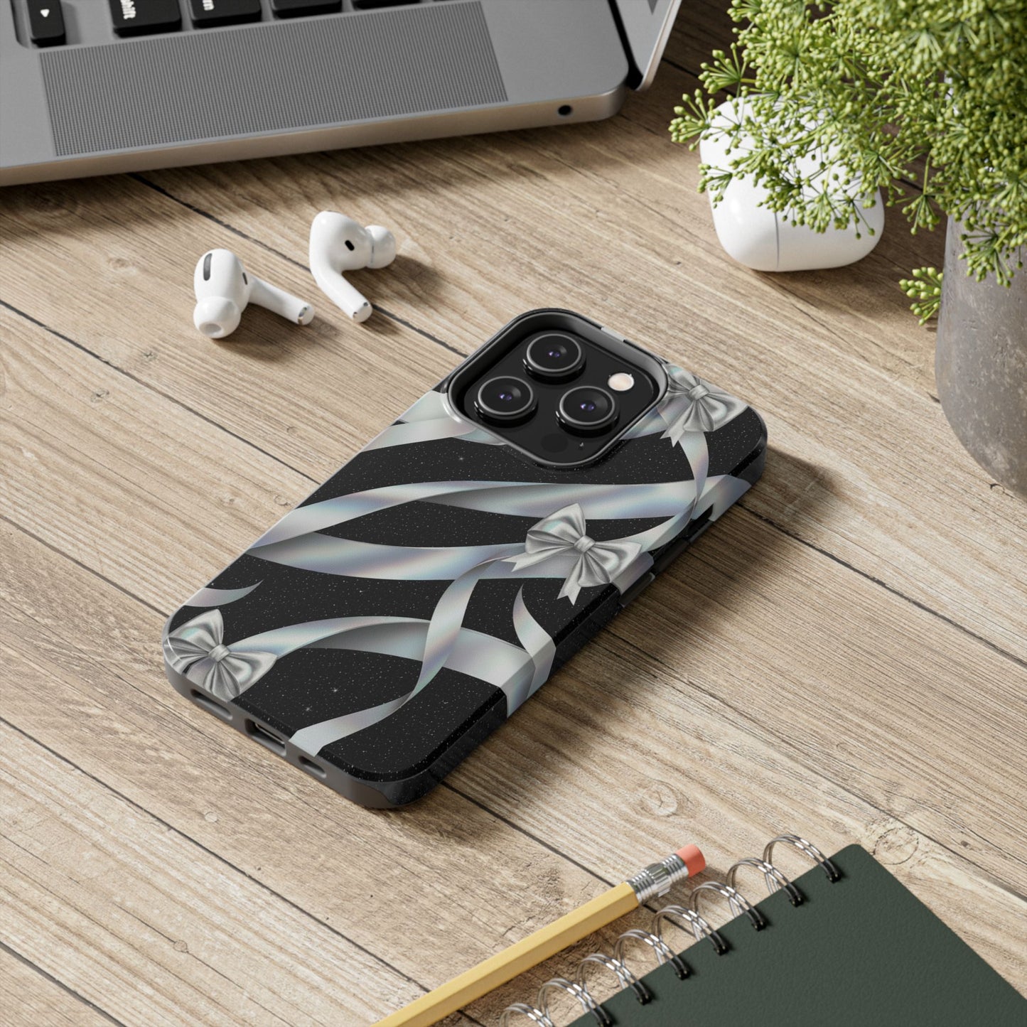 Silver Ribbon Bow Tough Phone Case — Glitter Black Protective Phone Case