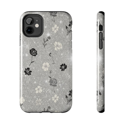Floral Glitter Tough Phone Case — Black & Silver Vintage Flower Protective Cover