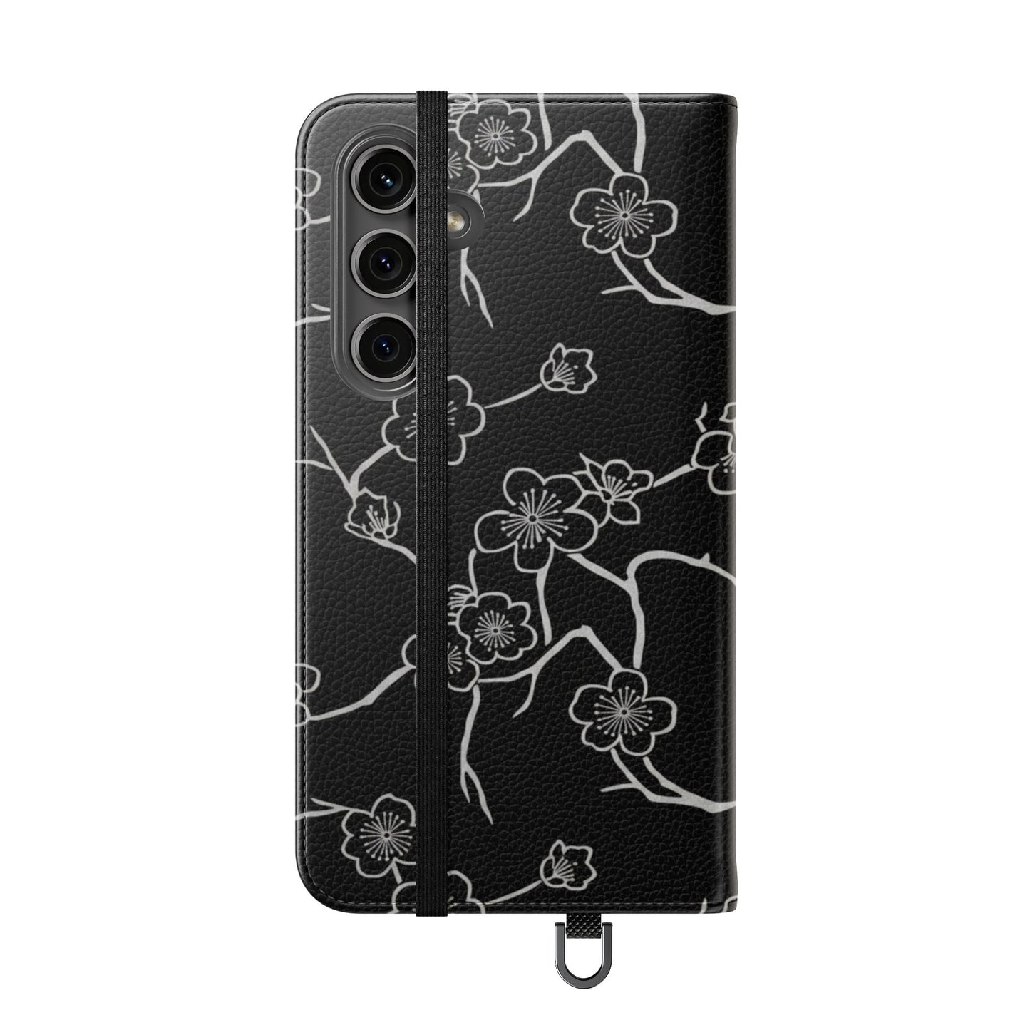 Black Cherry Blossom Flip Phone Case – Floral Wallet Flip Case with Card Slots