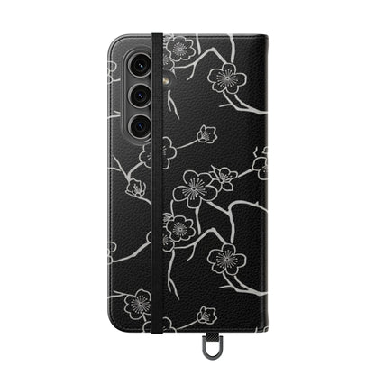 Black Cherry Blossom Flip Phone Case – Floral Wallet Flip Case with Card Slots