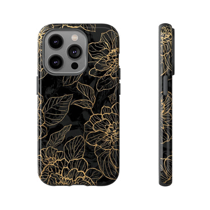 Floral Gold Outline Tough Phone Case – Black Botanical Protective Cover