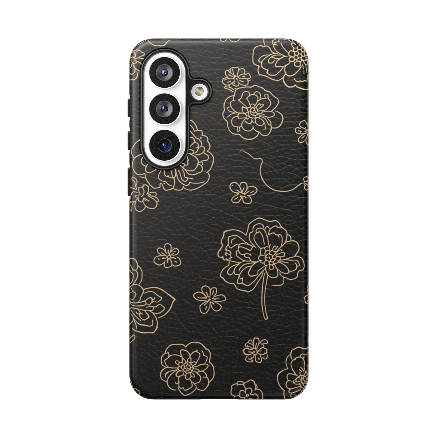 Floral Leather-Texture Tough Case – Black Gold Outline Phone Cover
