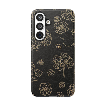 Floral Leather-Texture Tough Case – Black Gold Outline Phone Cover