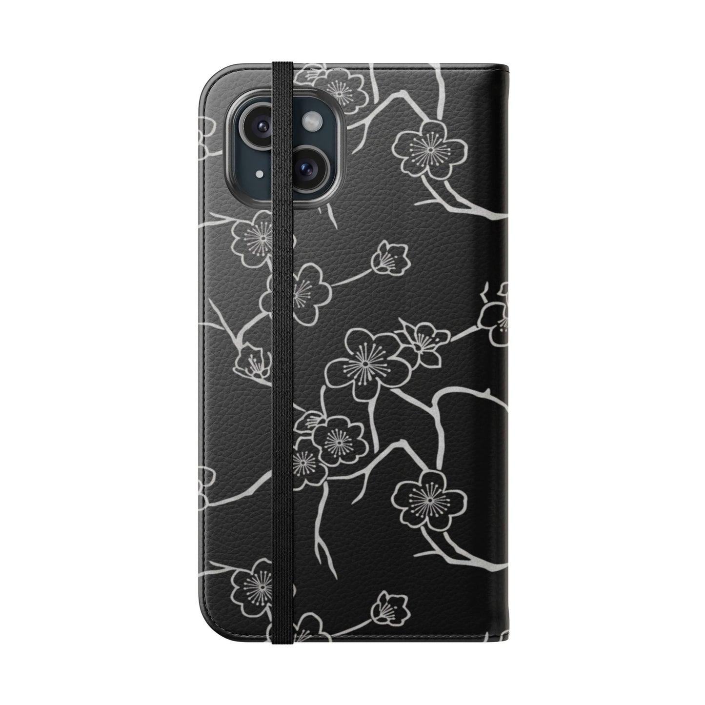 Black Cherry Blossom Flip Phone Case – Floral Wallet Flip Case with Card Slots