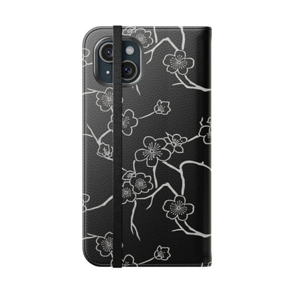 Black Cherry Blossom Flip Phone Case – Floral Wallet Flip Case with Card Slots