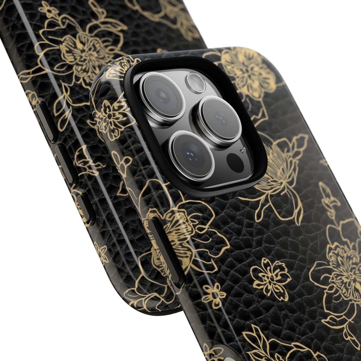 Floral Leather Phone Case — Gold Outline Flowers on Black Tough Case
