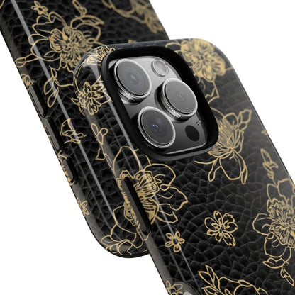 Floral Leather Phone Case — Gold Outline Flowers on Black Tough Case