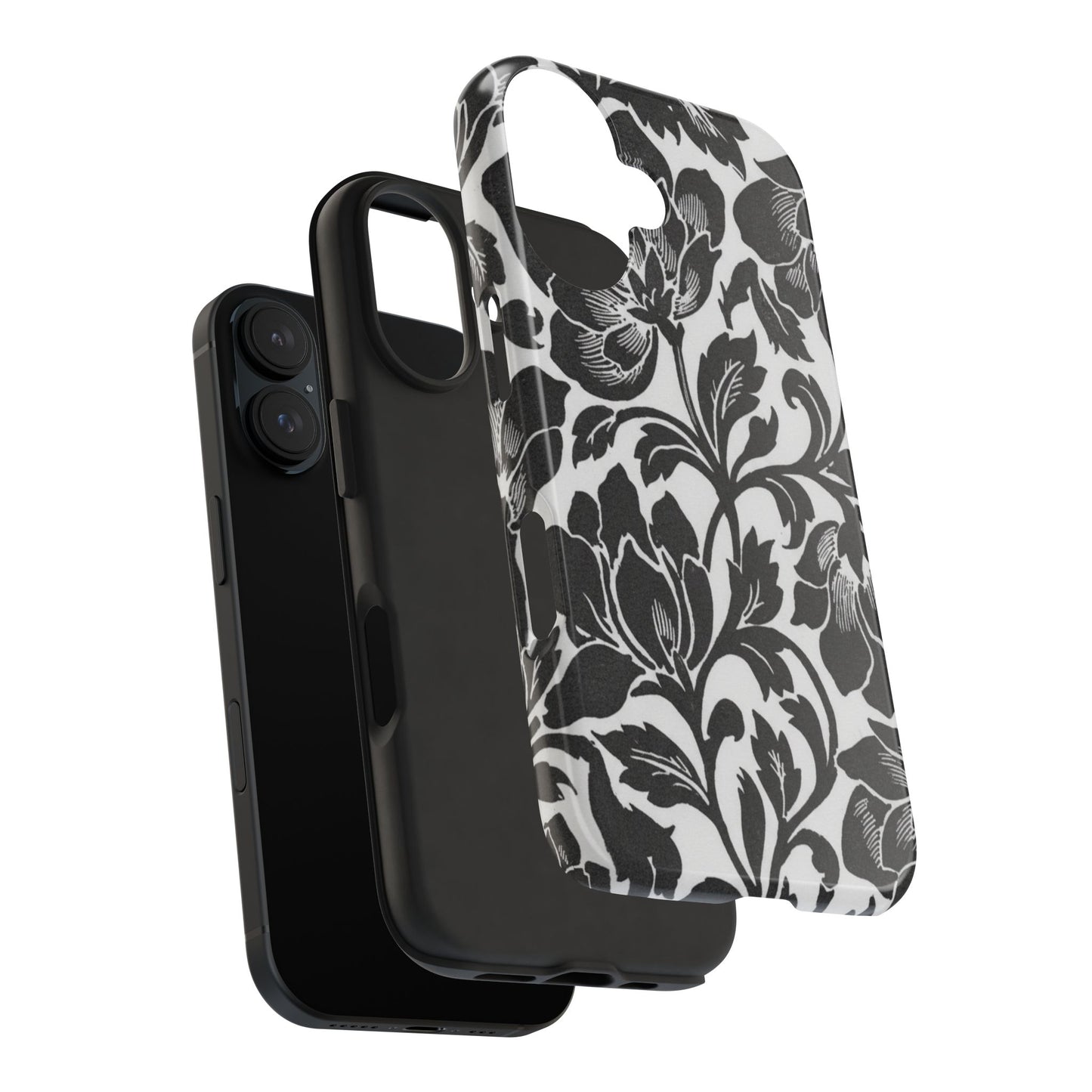 Tough Phone Case — Black & White Vintage Floral Protective Cover