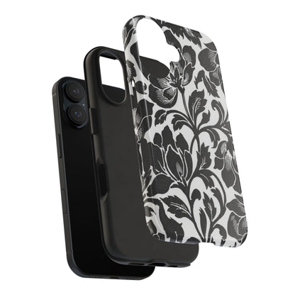 Tough Phone Case — Black & White Vintage Floral Protective Cover