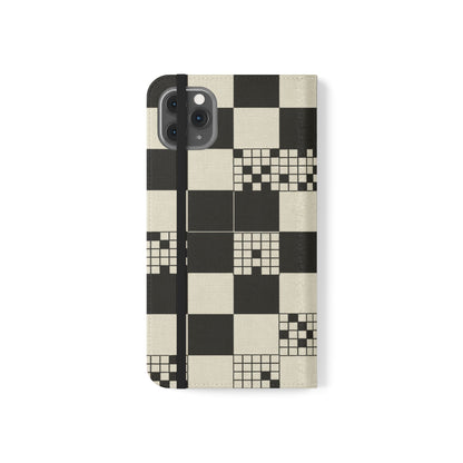 Checkerboard Flip Phone Case – Retro Black & Cream Geometric Wallet Case