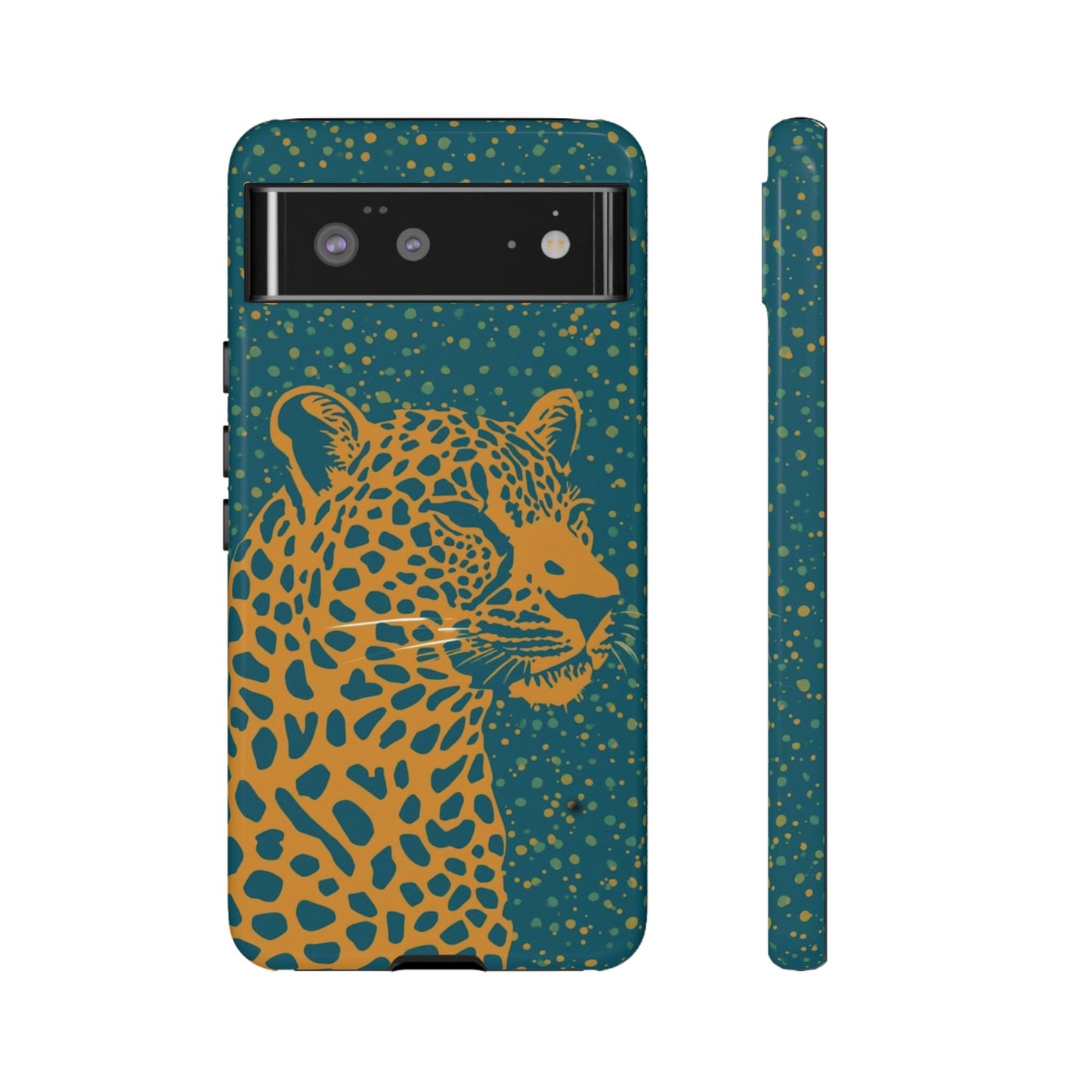 Leopard Print Tough Phone Case — Gold Panther on Teal, Protective iPhone Cover