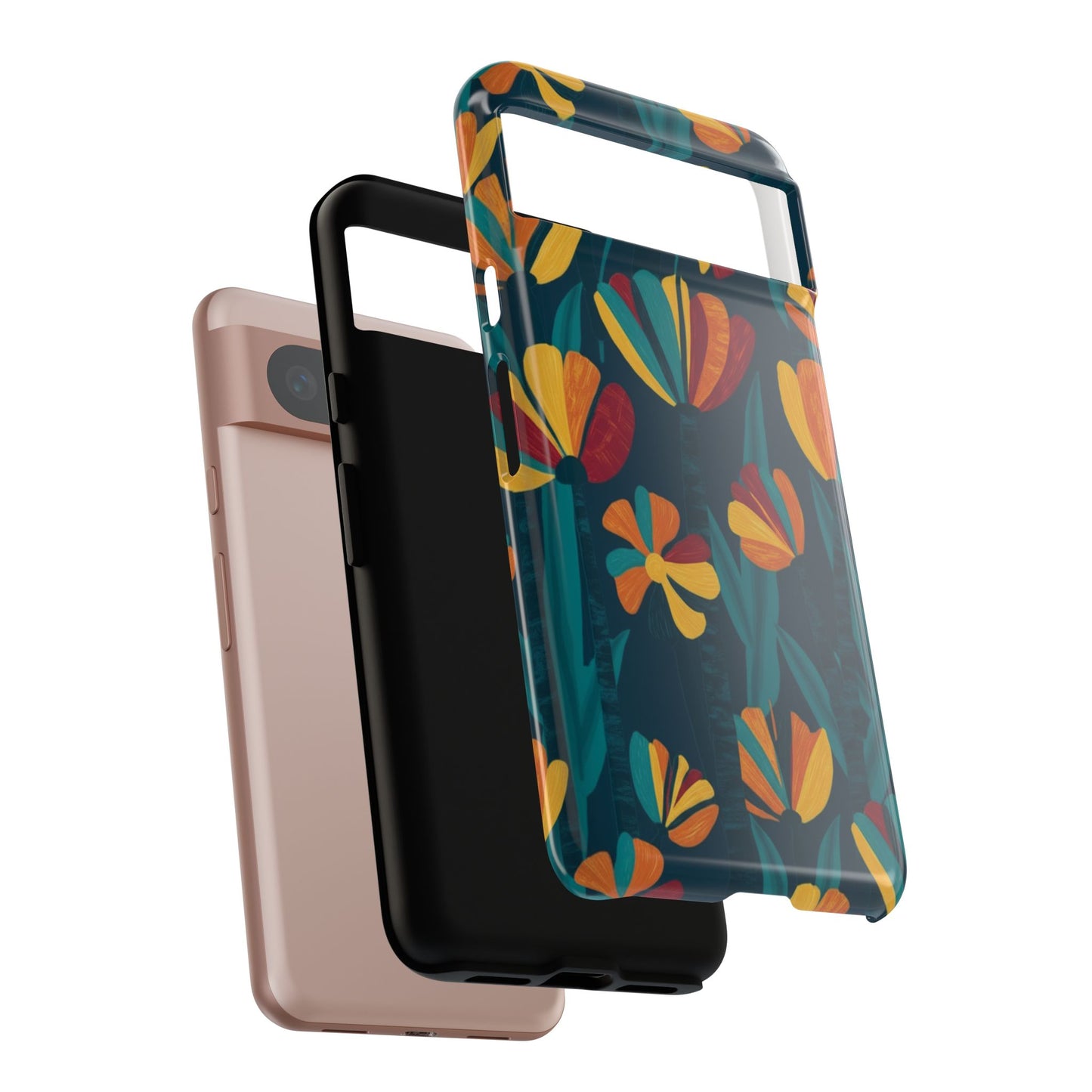 Floral Retro Teal Tough Phone Case — Vibrant Orange & Mustard Blooms