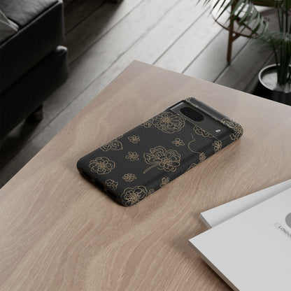 Floral Leather-Texture Tough Case – Black Gold Outline Phone Cover