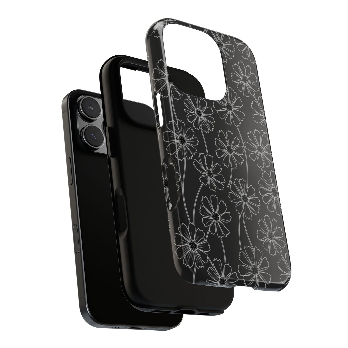 Floral Doodle Tough Phone Case — Black & Gray Daisy Pattern