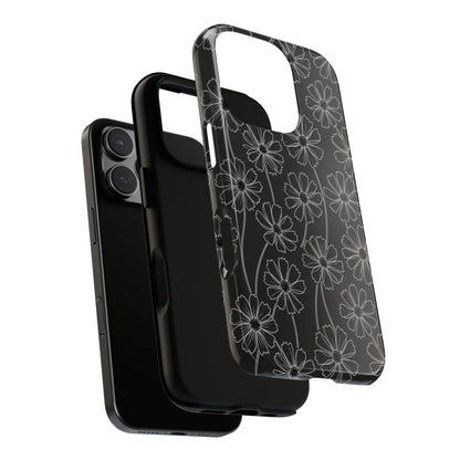 Floral Doodle Tough Phone Case — Black & Gray Daisy Pattern