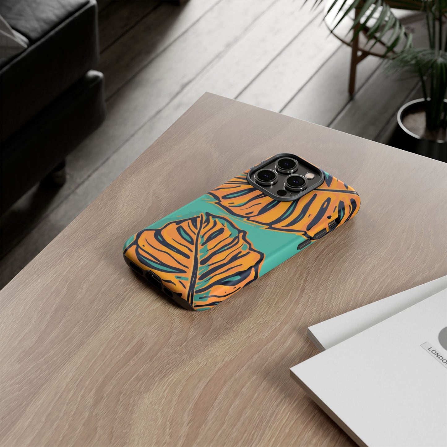 Tropical Leaf Tough Phone Case — Orange Monstera Design on Teal