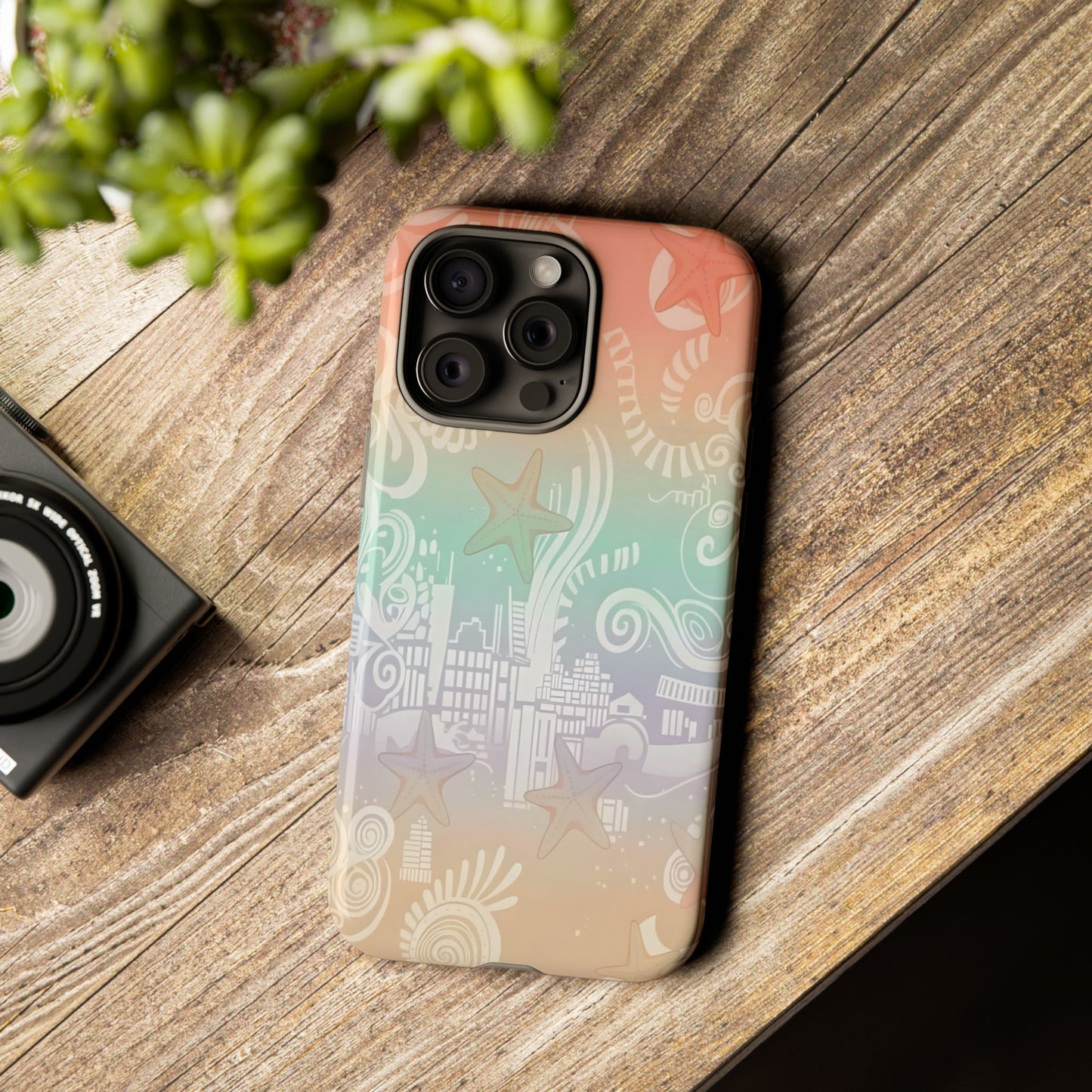 Tough Cases: Pastel Beach Pattern Phone Case — Starfish & Coastal Cityscape Protective Cover
