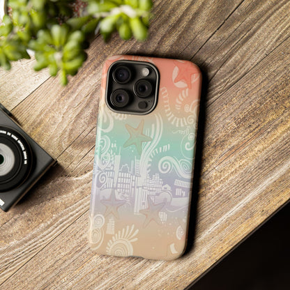 Tough Cases: Pastel Beach Pattern Phone Case — Starfish & Coastal Cityscape Protective Cover