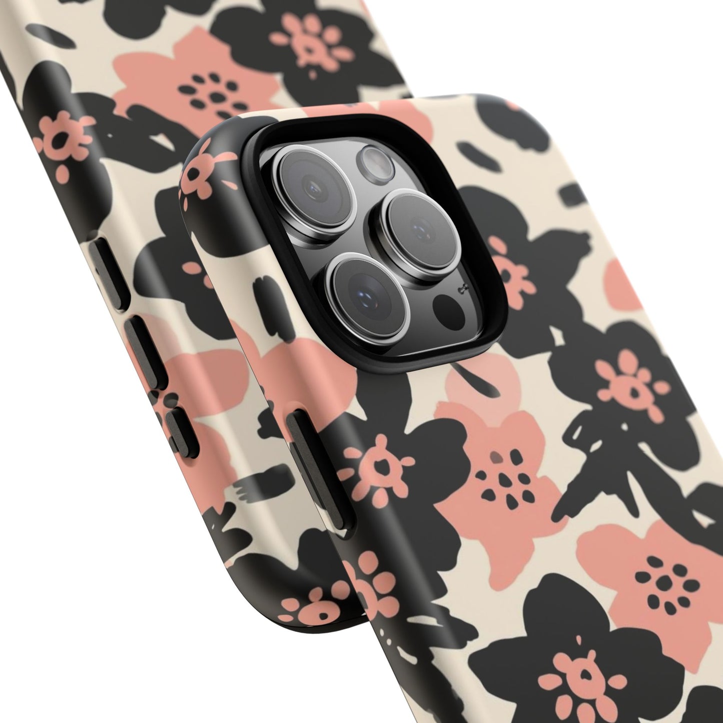 Floral Phone Case — Pink & Black Retro Blossom Protective Cover