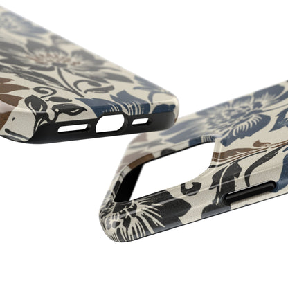 Floral Vintage Tough Phone Case — Blue & Brown Botanical Protection