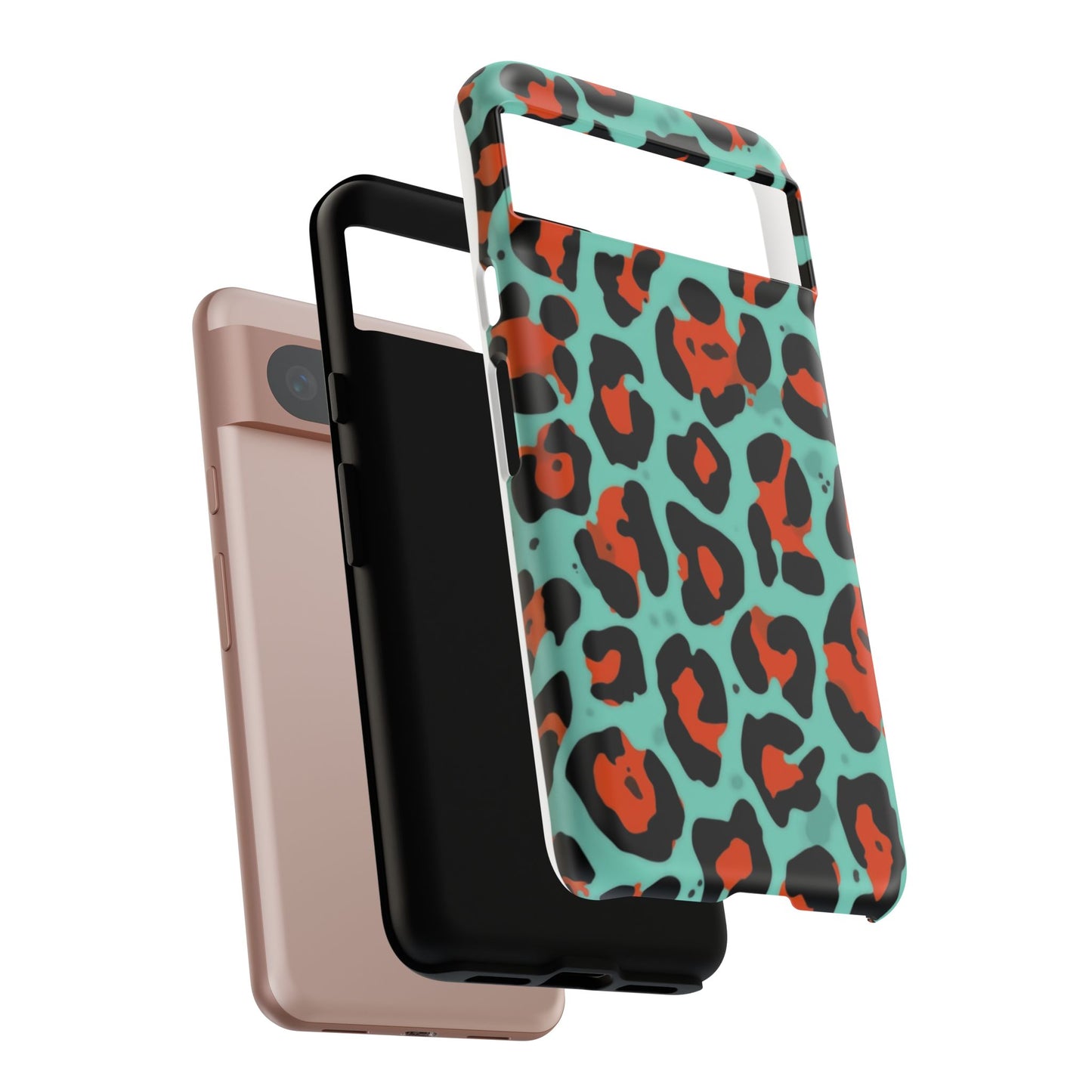 Leopard Print Tough Phone Case — Teal & Rust Protective iPhone Cover
