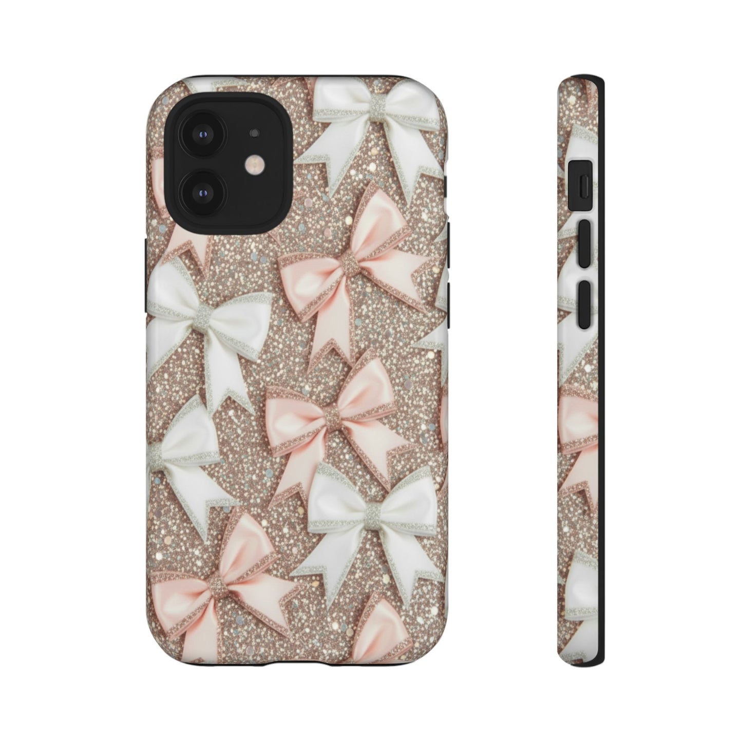 Glitter Bow Tough Phone Case — Pink & White Ribbon Protective Cover