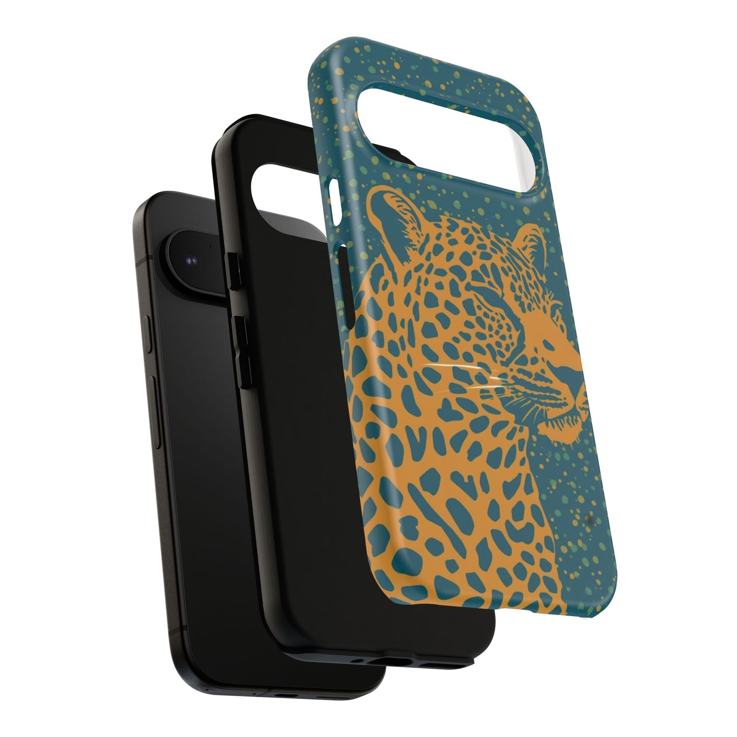 Leopard Print Tough Phone Case — Gold Panther on Teal, Protective iPhone Cover