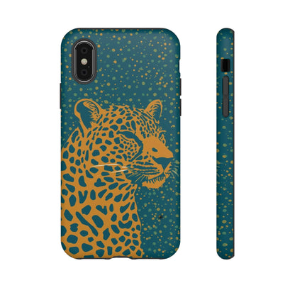 Leopard Print Tough Phone Case — Gold Panther on Teal, Protective iPhone Cover