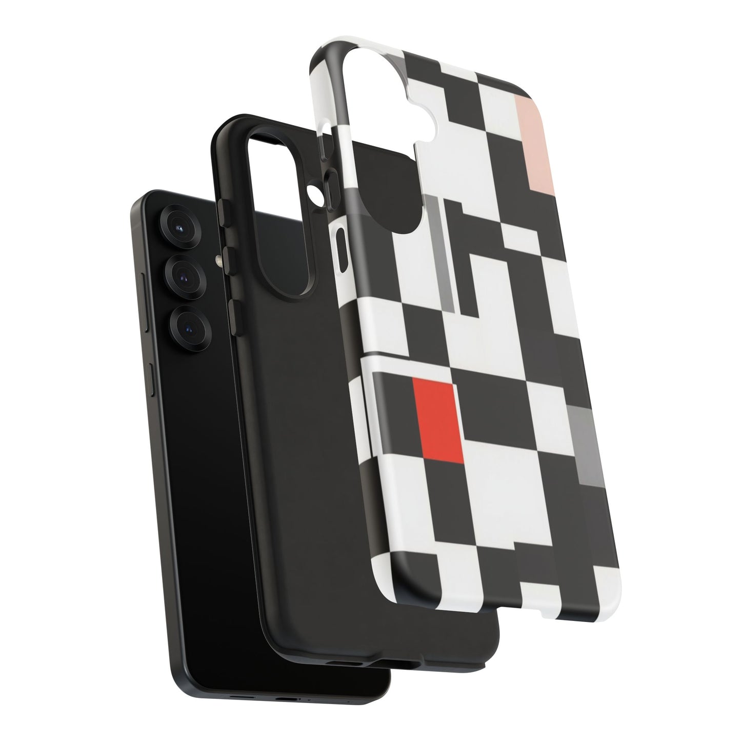 Abstract Geometric Phone Case – Black & White Checker Grid with Red Accent