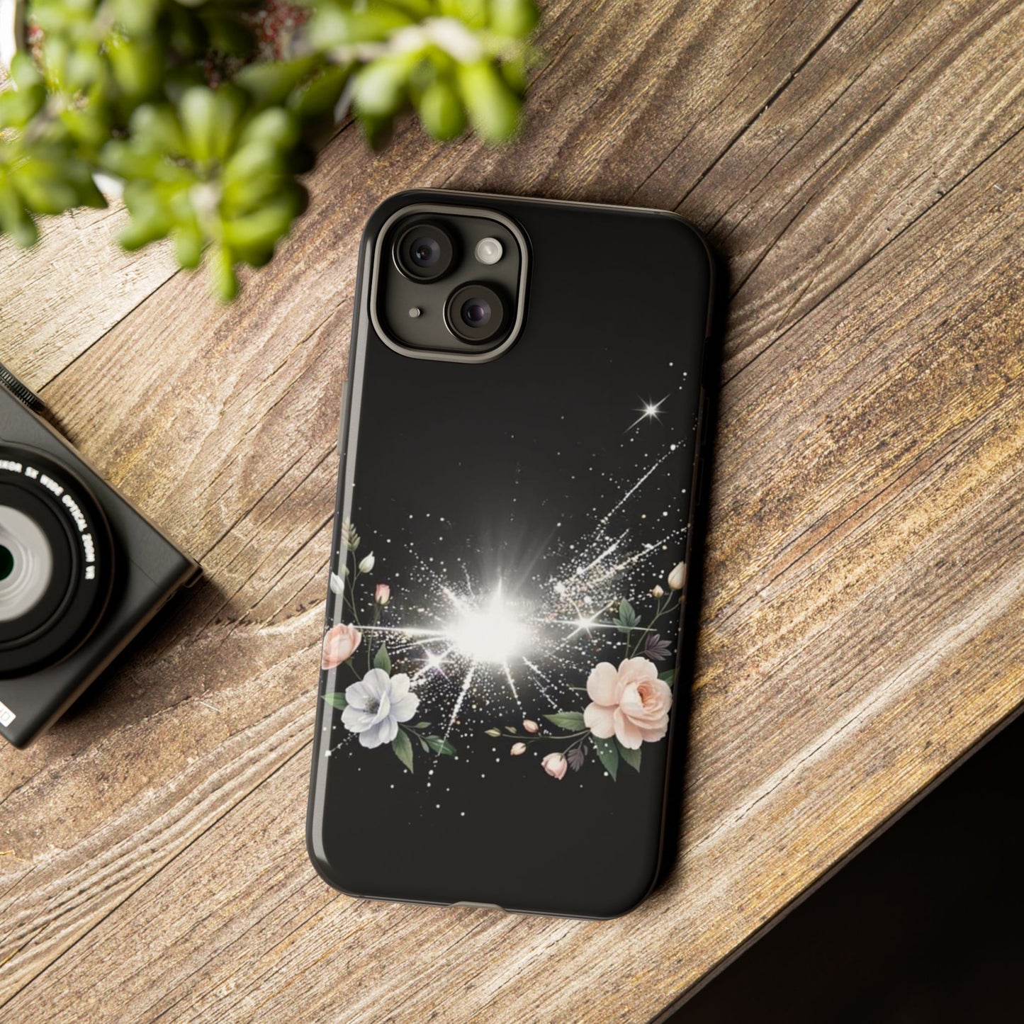 Floral Burst Phone Case — Protective Black Sparkle Design