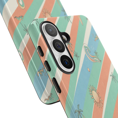 Retro Beach Stripes Phone Case — Sun, Waves & Palm Pattern Tough Case