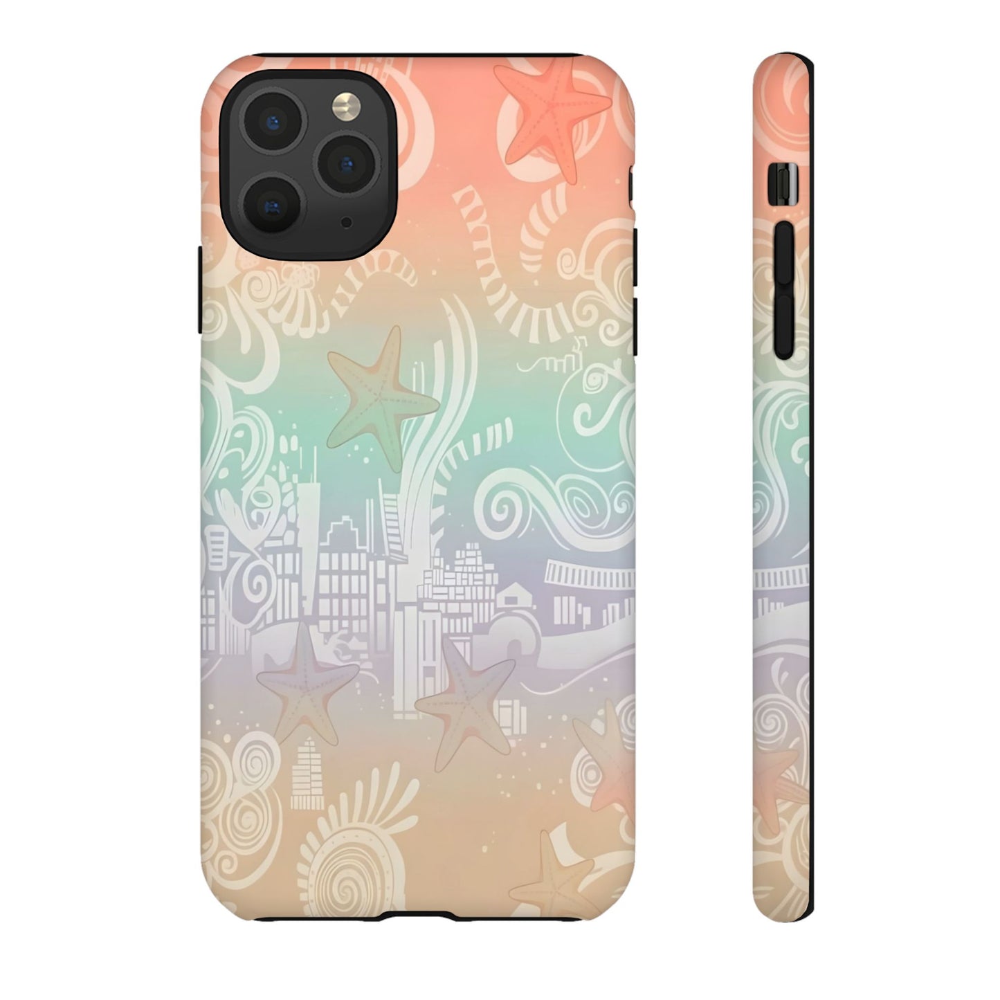 Tough Cases: Pastel Beach Pattern Phone Case — Starfish & Coastal Cityscape Protective Cover