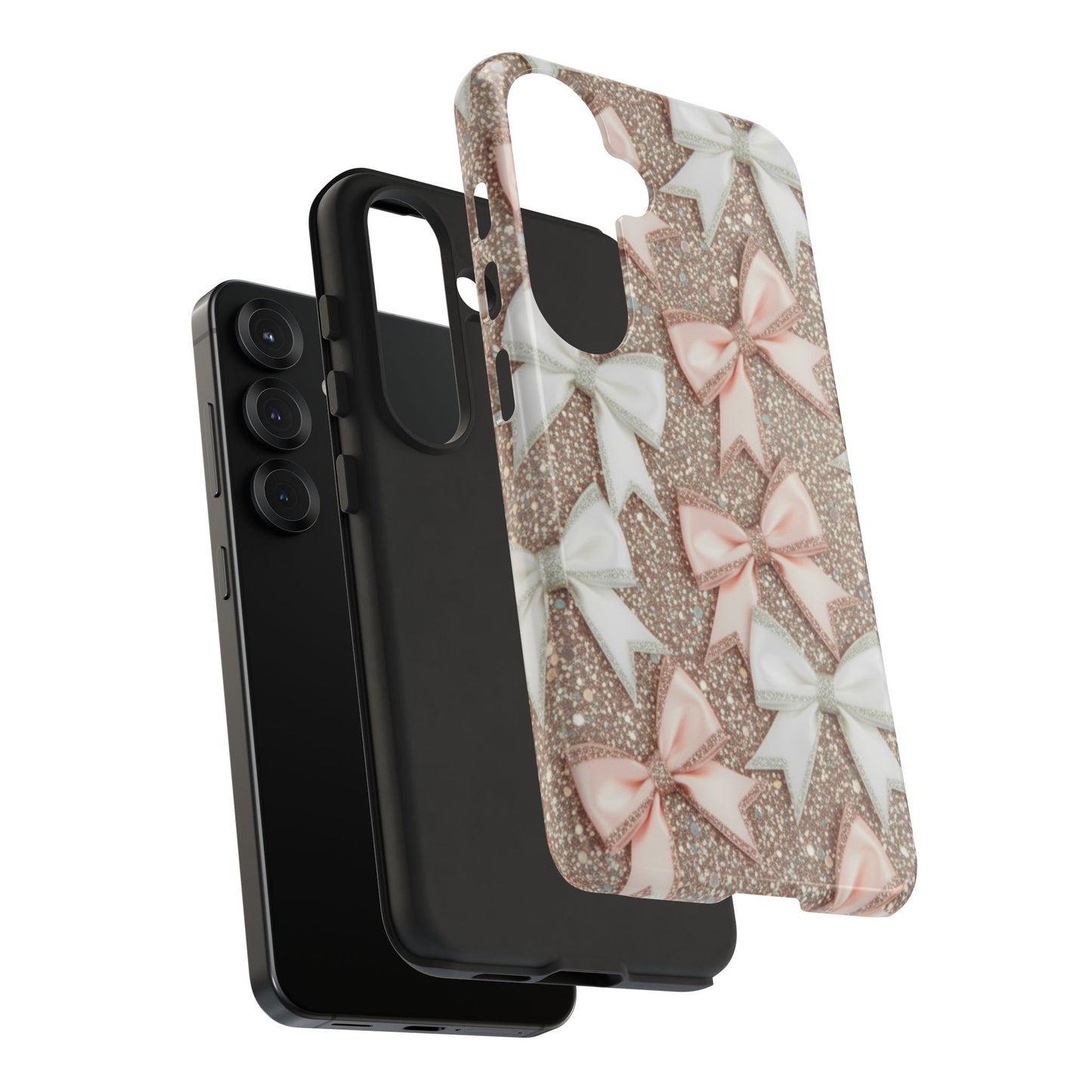 Glitter Bow Tough Phone Case — Pink & White Ribbon Protective Cover