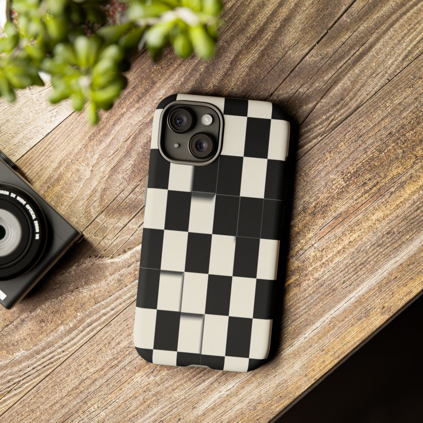 Checkerboard Tough Phone Case — Classic Black & Cream Grid Protective Cover