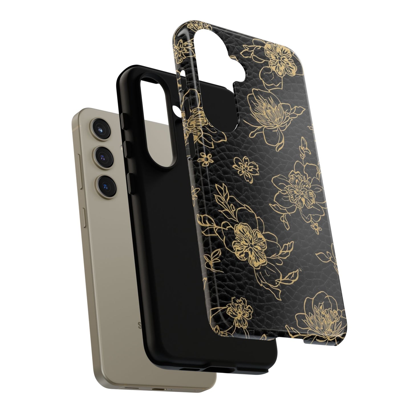 Floral Leather Phone Case — Gold Outline Flowers on Black Tough Case