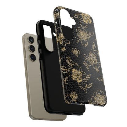 Floral Leather Phone Case — Gold Outline Flowers on Black Tough Case