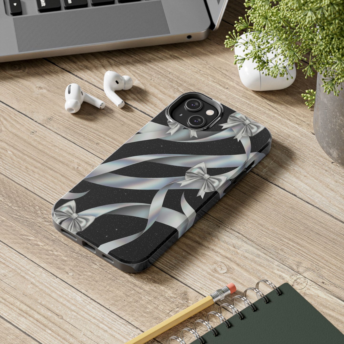 Silver Ribbon Bow Tough Phone Case — Glitter Black Protective Phone Case