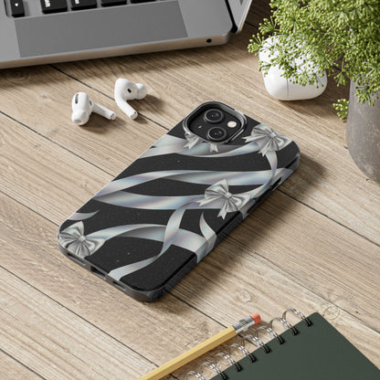 Silver Ribbon Bow Tough Phone Case — Glitter Black Protective Phone Case