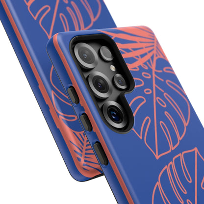 Tropical Monstera Phone Case — Blue & Coral Leaf Protective Cover