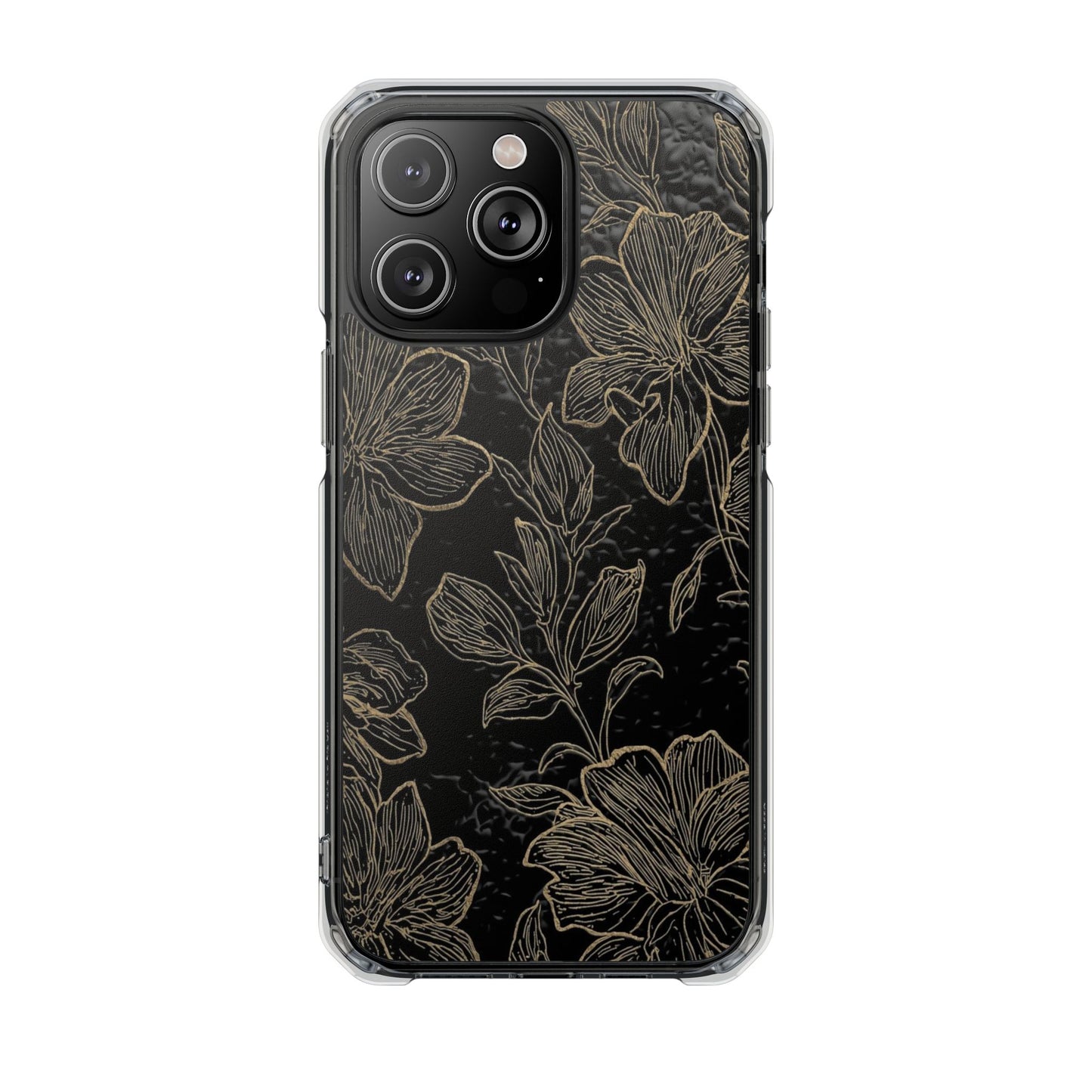 Floral Sketch Magnetic Clear Phone Case — Black & Gold Botanical Impact Case