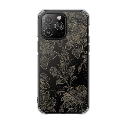 Floral Sketch Magnetic Clear Phone Case — Black & Gold Botanical Impact Case